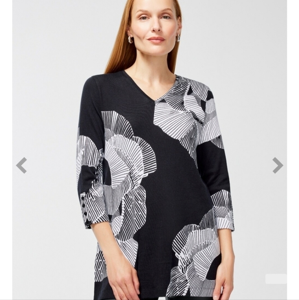 Chico Pima Floral Black & White V Neck 3/4 Sleeve Tunic sz 2 (large)